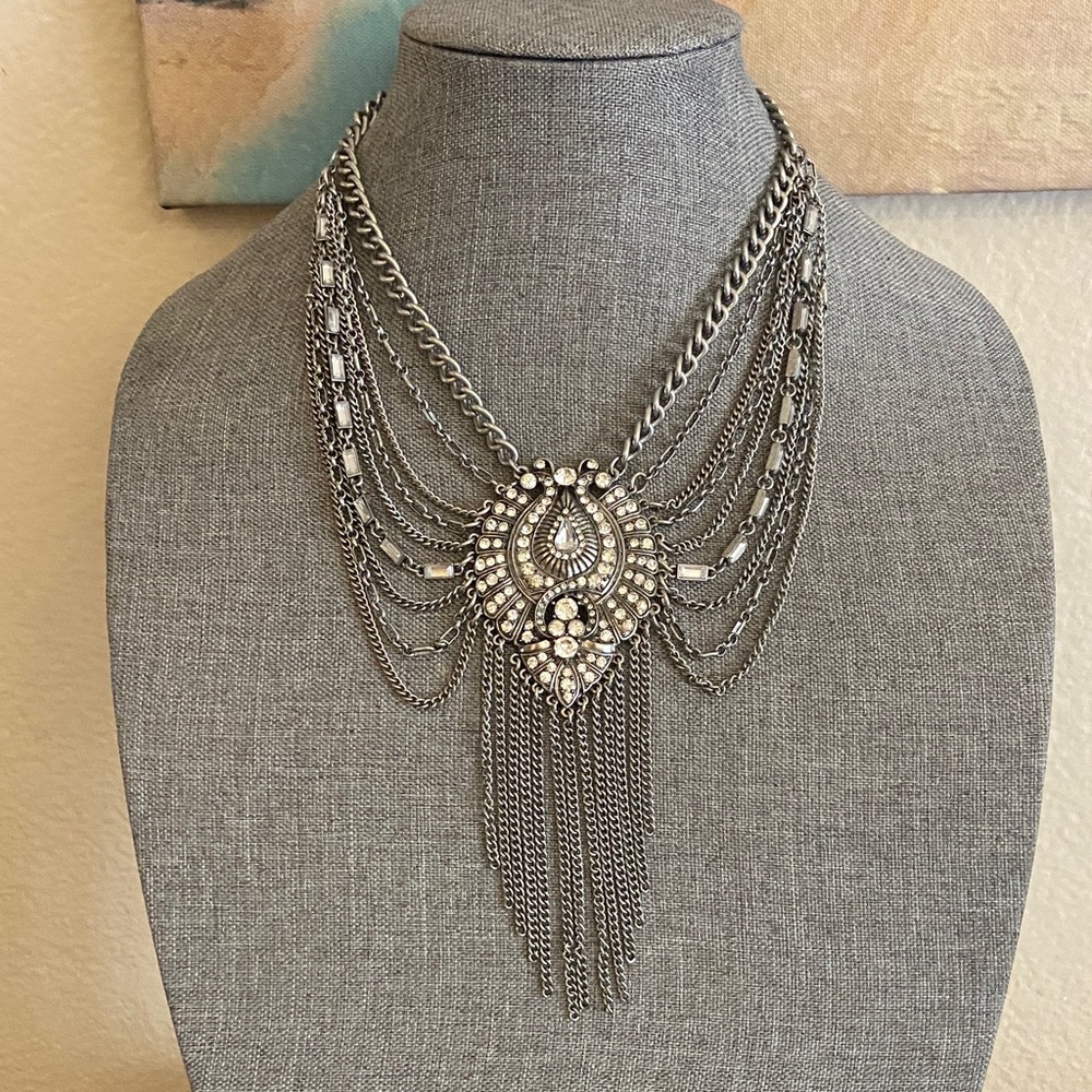 Vintage 90s Silver Tone Alloy 9 Strand Rhinestoned Statement Necklace